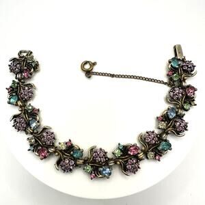 Unsigned Hollycraft vintage gold tone rainbow pastel glass rhinestones bracelet